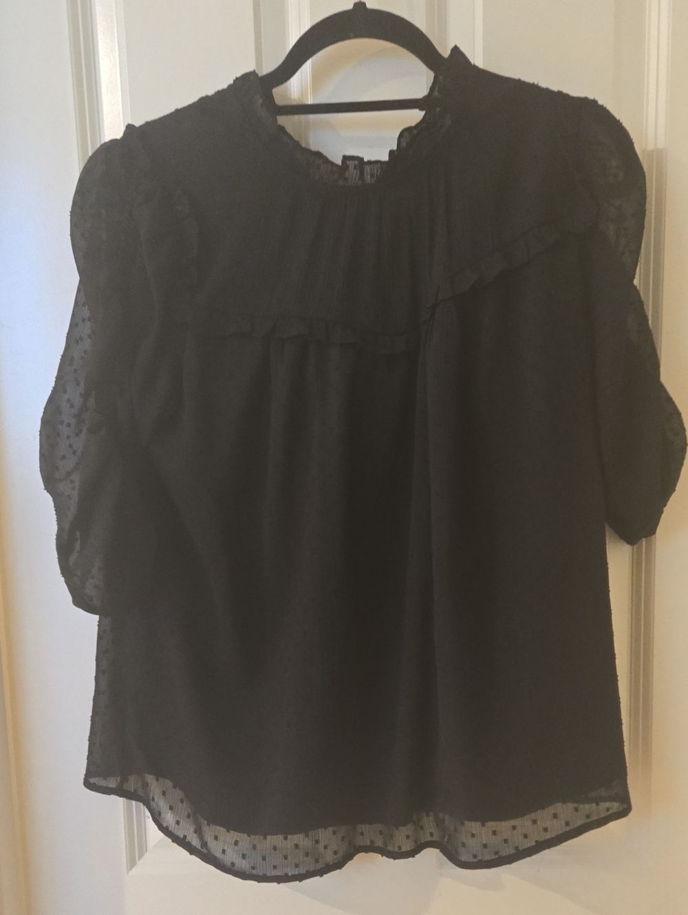 LOFT Black Sheer Puff-Sleeve Blouse